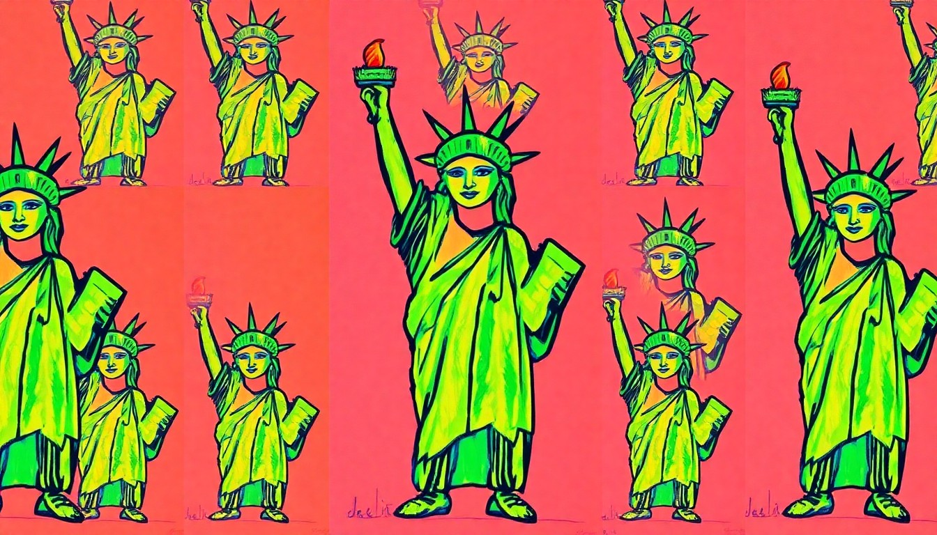 A vibrant, silkscreen-style illustration featuring a repeated pattern of a child's crayon drawing of the Statue of Liberty, rendered in bold, neon-like colors and heavy black outlines to create a modern, pop art interpretation of the iconic American symbol.