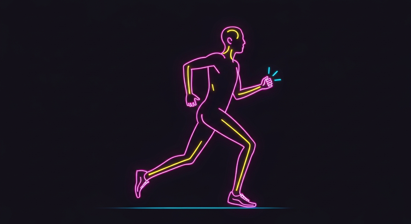 A minimalist illustration of a runner's silhouette defined by bright, neon lines against a dark background, capturing the energy and purpose of the Legends Never Die 5K event.