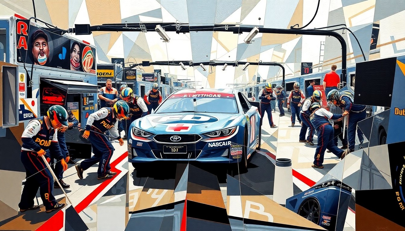 A fractured, geometric painting depicting the chaotic energy of a NASCAR pit stop, with the car and crew members broken down into abstract shapes and angles.