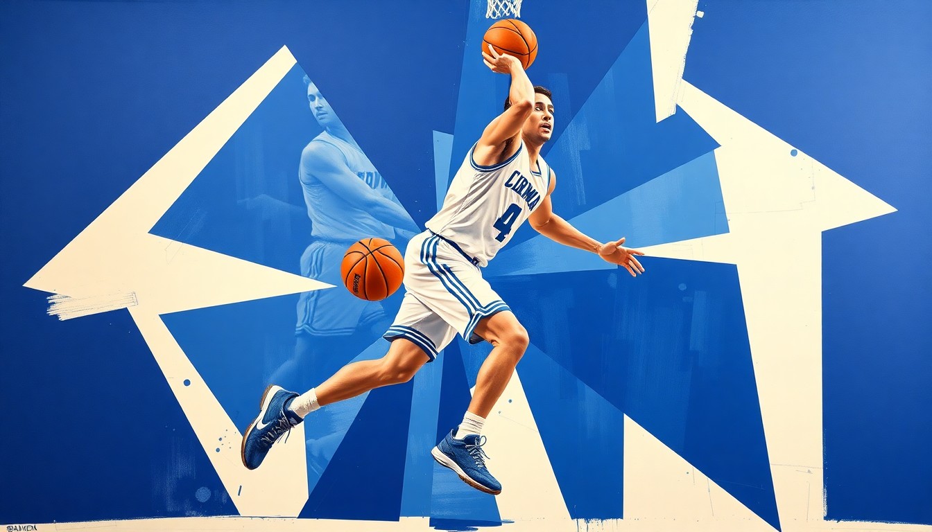 A fragmented, cubist-style painting depicting a college basketball player in motion, with sharp geometric shapes in the team's colors of blue and white.