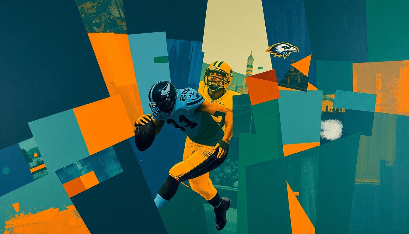 A fragmented, cubist-style painting depicting the silhouette of a football player in motion, broken down into sharp, overlapping geometric shapes in a palette of navy, green, and orange, conceptually representing the fleeting nature of an athlete's career.