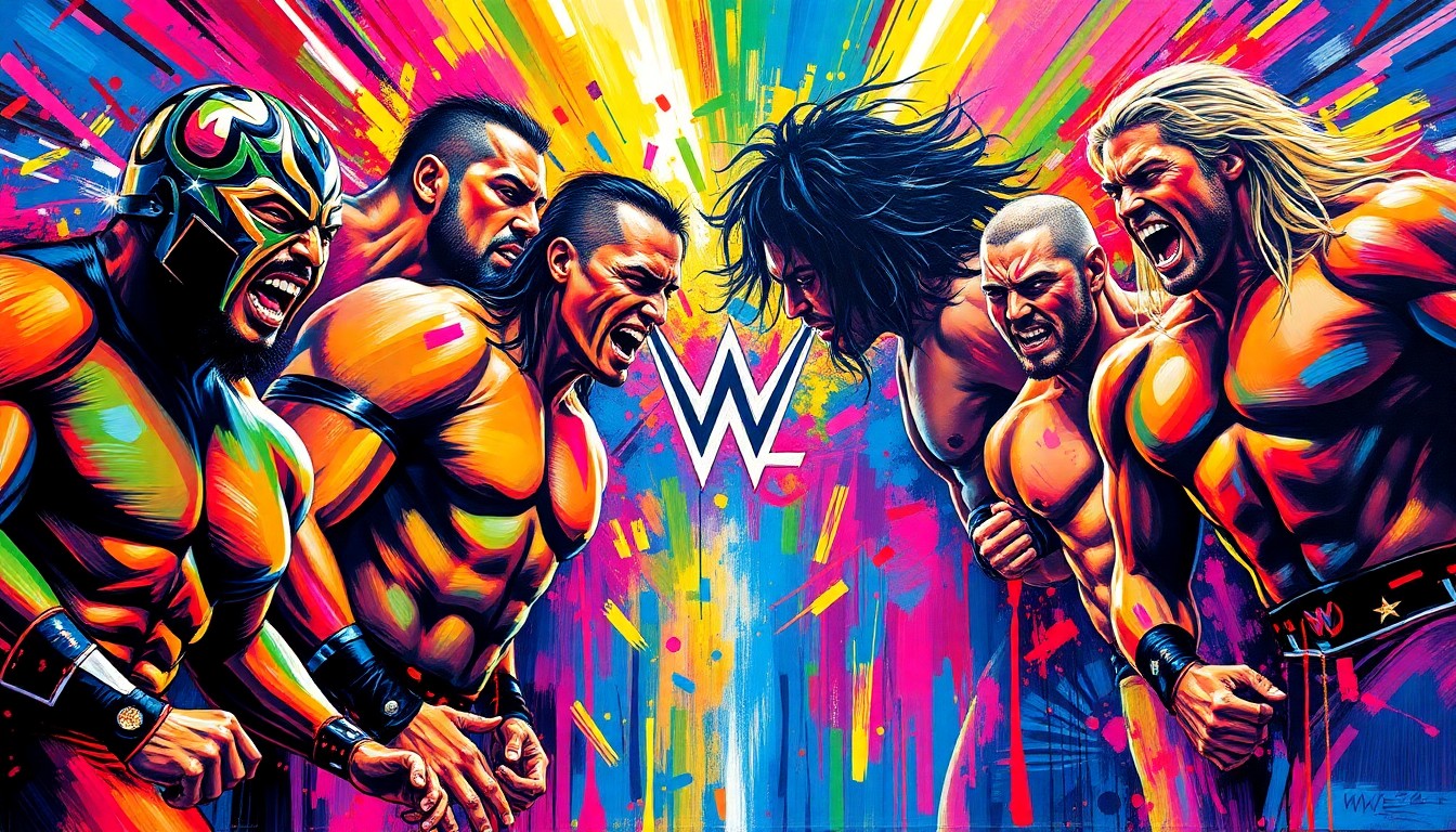 A vibrant, expressionist painting featuring bold, neon-colored brushstrokes that capture the raw energy and intensity of WWE superstars in action, conceptually representing the excitement and anticipation leading up to WrestleMania 42.
