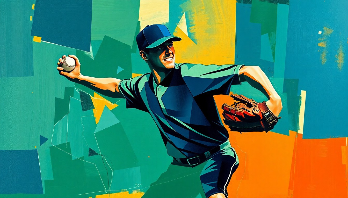 A fragmented, geometric painting depicting a baseball pitcher's throwing motion broken down into sharp, overlapping planes of navy, green, and orange, conveying the physical and emotional impact of a career-altering injury.