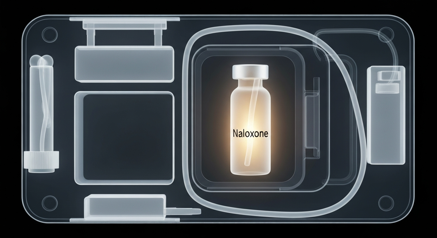 A translucent X-ray style image showing the internal structure of a first-aid kit, with a glowing Naloxone vial at the center, conceptually representing the new requirement for employers to stock overdose reversal medication.
