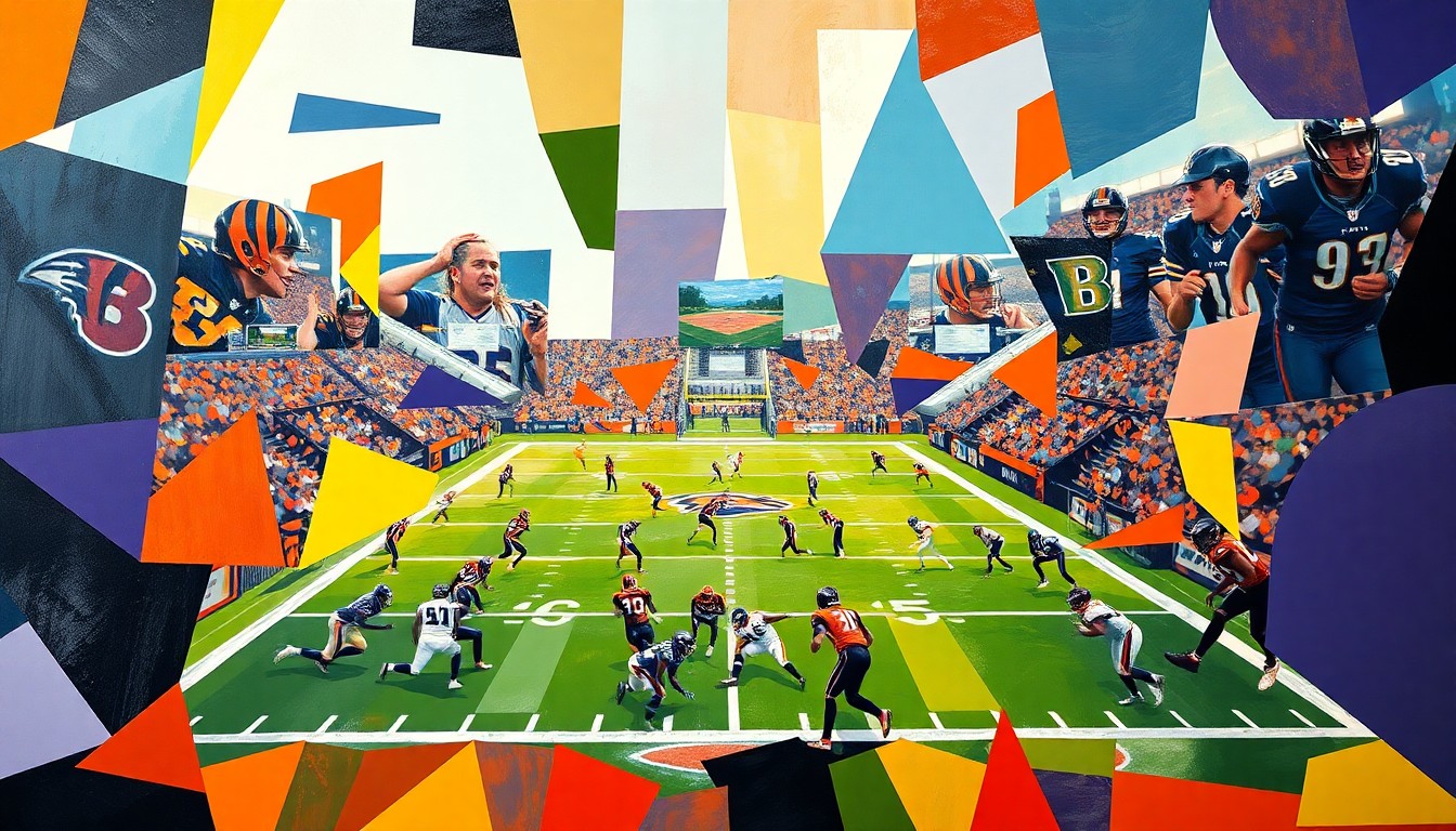 A fractured, multi-perspective painting in vibrant colors, breaking down a football game into abstract geometric shapes and planes, capturing the raw energy and physicality of the competition.