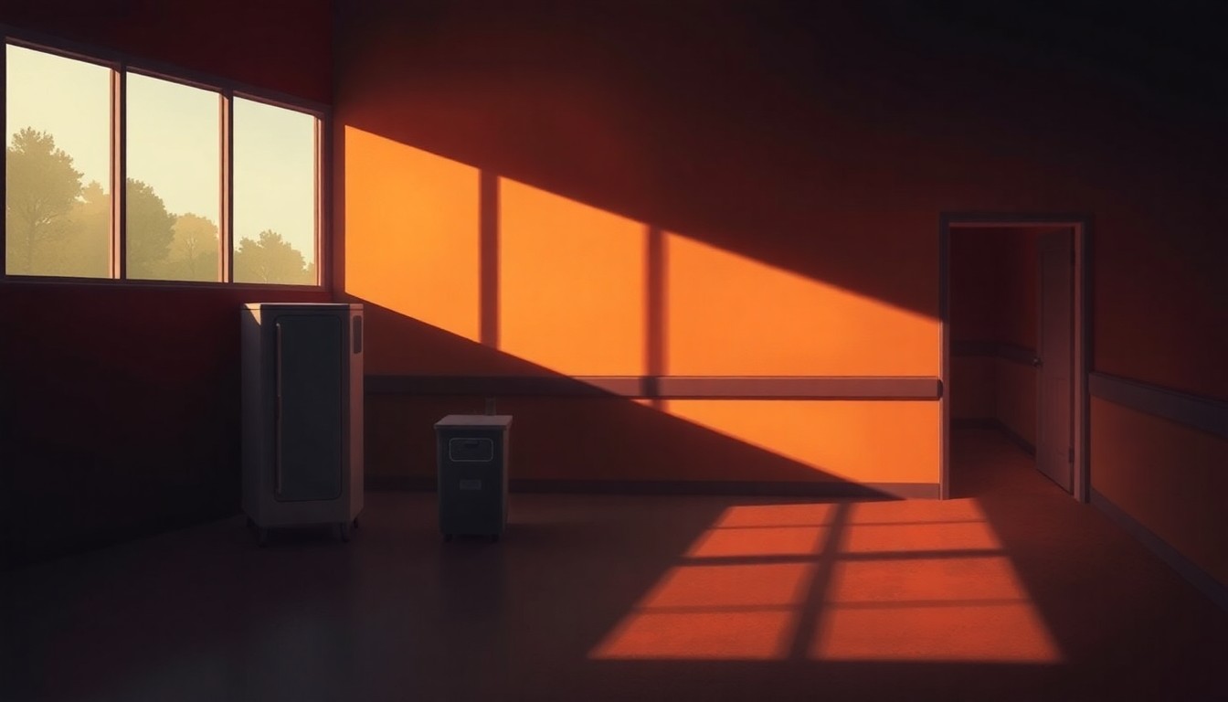 A dimly lit, cinematic painting of an empty doctor's office or hospital waiting room, with warm sunlight streaming in through the windows and deep shadows casting a sense of unease and uncertainty.