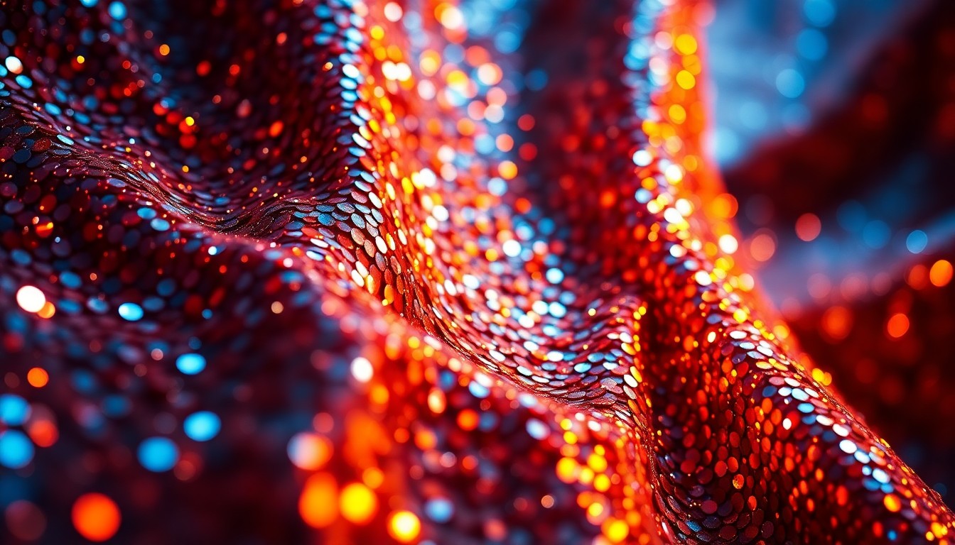 An extreme close-up photograph of shimmering, glittering sequins in a high-contrast, high-fashion studio lighting setup, conceptually representing the glamour and energy of the latest music releases.