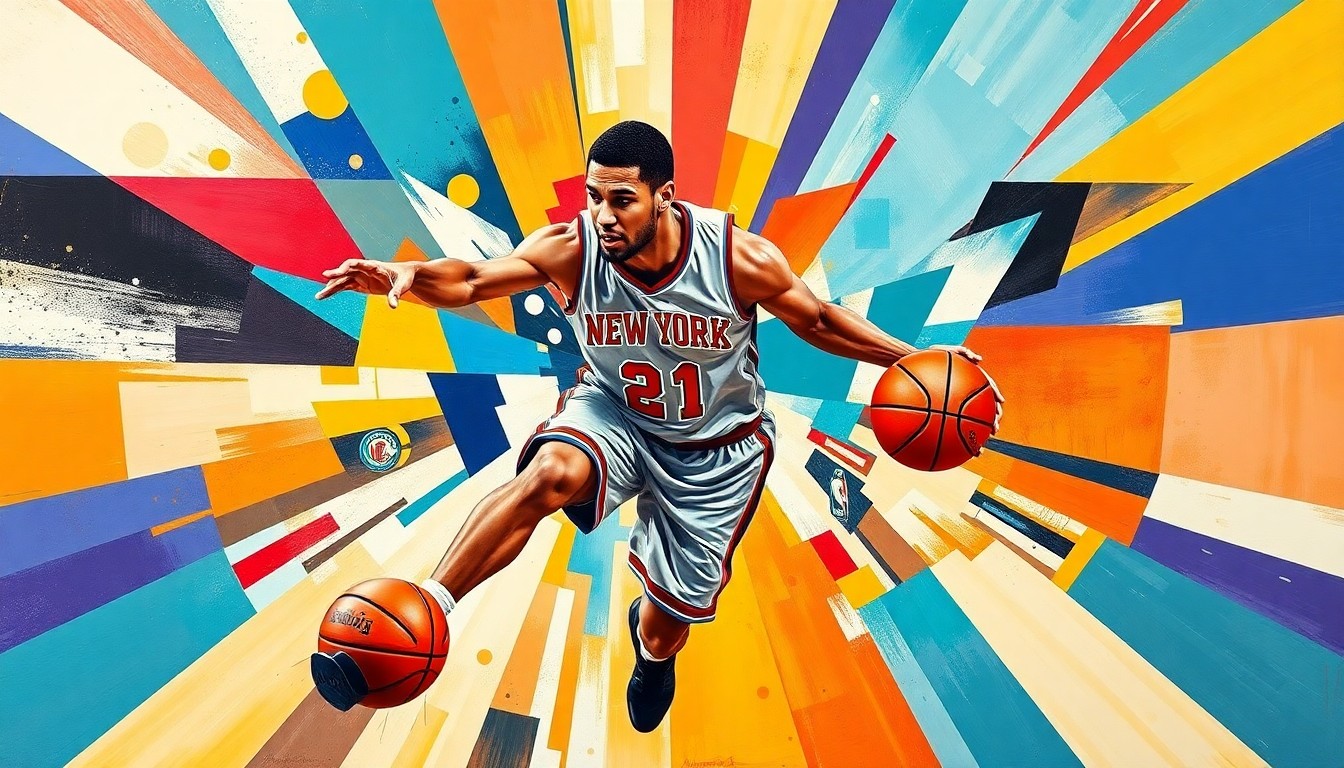 A cubist, geometric painting depicting a basketball player in mid-motion, with the player's form fractured and deconstructed into sharp, overlapping planes of color representing the teams involved.