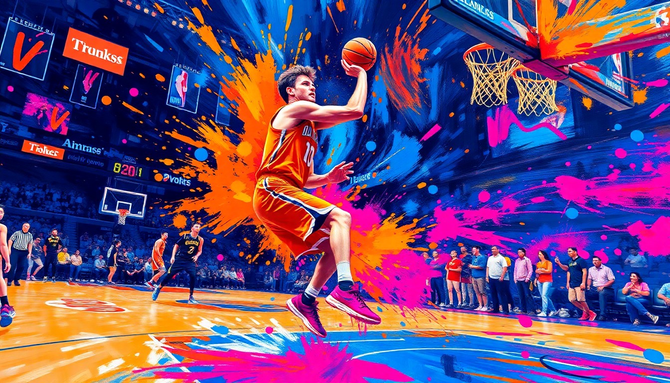 An abstract, expressionist painting in vibrant neon colors capturing the raw energy and scoring prowess of Luka Doncic on the basketball court, with the players, ball, and court dissolving into unrecognizable splatters of paint.