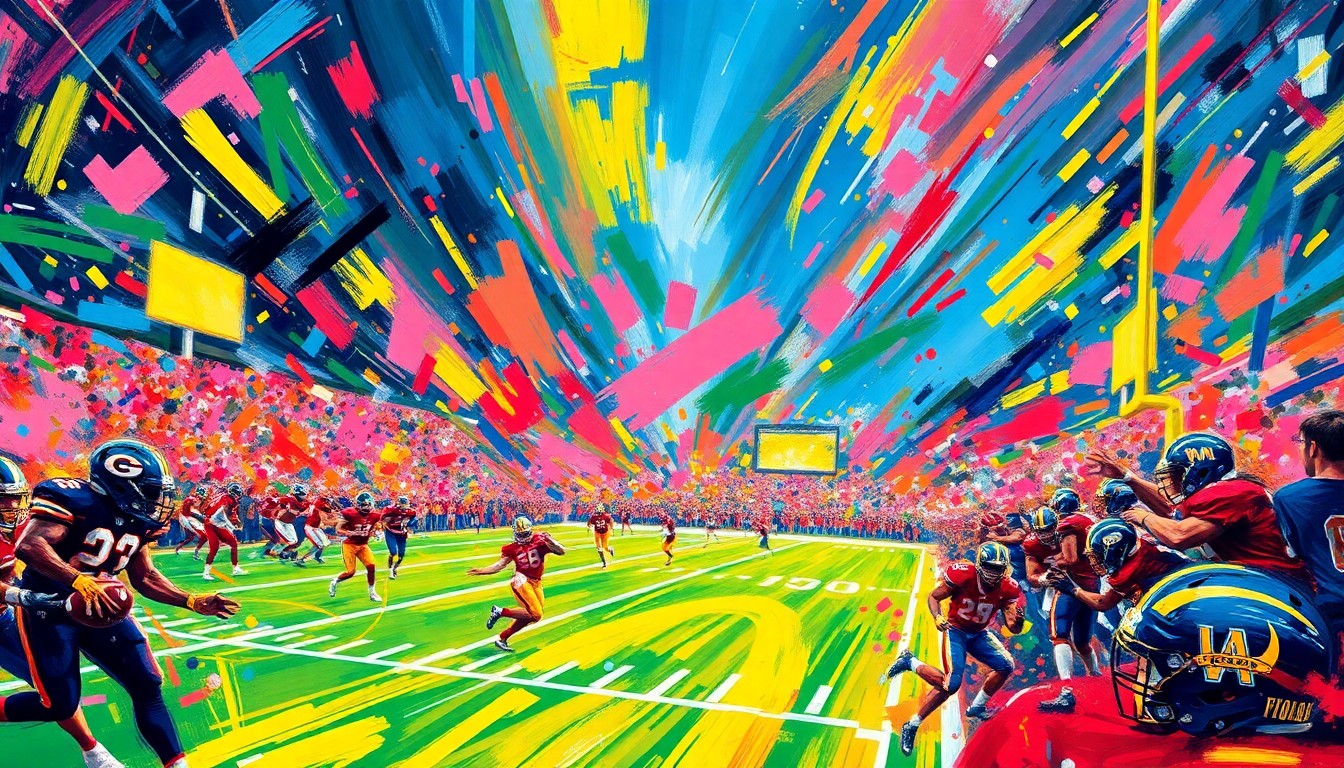 An abstract, energetic painting in neon colors depicting the fast-paced action and intensity of a college football spring game, capturing the essence of the event without any identifiable elements.