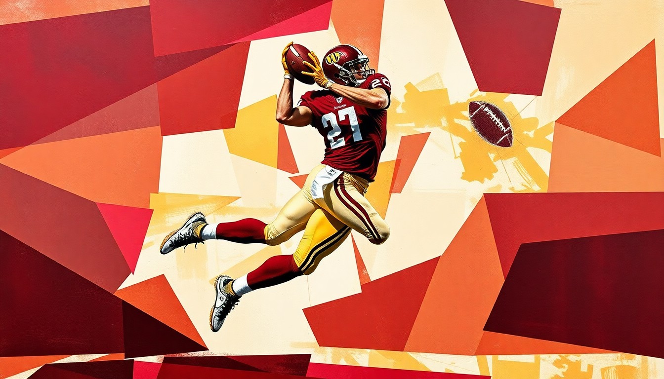 A cubist-style painting depicting a football player in mid-air, their body and the ball broken down into sharp, overlapping geometric shapes in burgundy, gold, and white, conceptually representing the strategic evaluation of Denzel Boston's NFL potential.