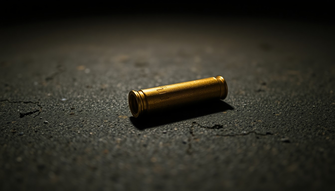 An extreme close-up photograph of a single spent shell casing on a dark concrete surface, conceptually illustrating the aftermath of a shooting incident.