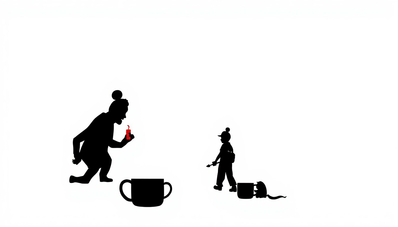 An abstract, minimalist illustration featuring bold, jagged shapes in vibrant red and white, representing the Disney family title mugs and the emotional connection they evoke.