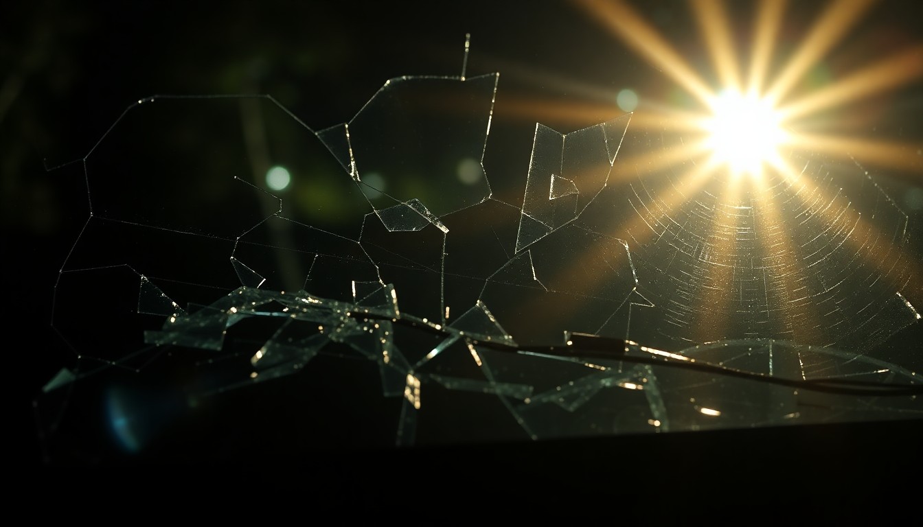 An extreme close-up of a shattered car windshield reflecting the harsh glare of a camera flash, conceptually representing the aftermath of a tragic traffic accident.
