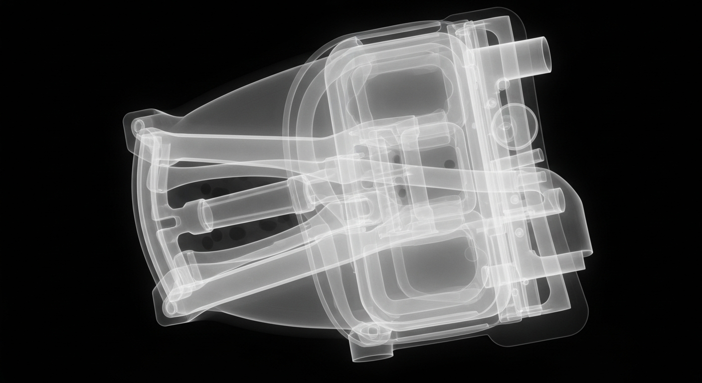 A ghostly, glowing X-ray image of a medical device's internal structure, conceptually illustrating the challenges the FDA faces in overseeing dangerous products.
