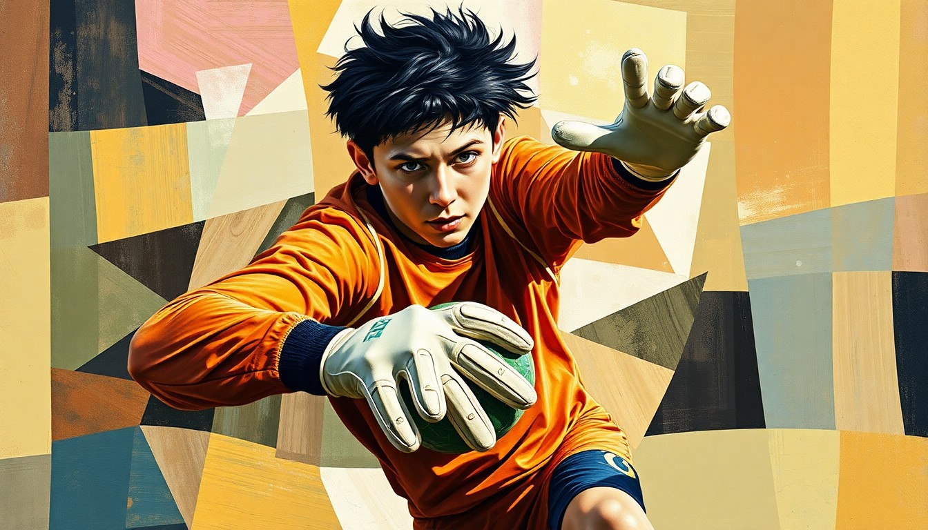 A cubist, geometric painting depicting a young goalkeeper in action, with sharp, overlapping planes of color and form that capture the raw energy and movement of the sport.