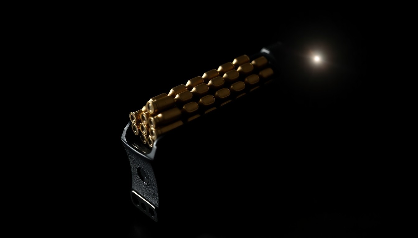An extreme close-up photograph of a single handgun magazine loaded with ammunition, lit by a harsh, direct camera flash against a pitch-black background, conceptually illustrating the dangerous weapons seized during a drug bust.