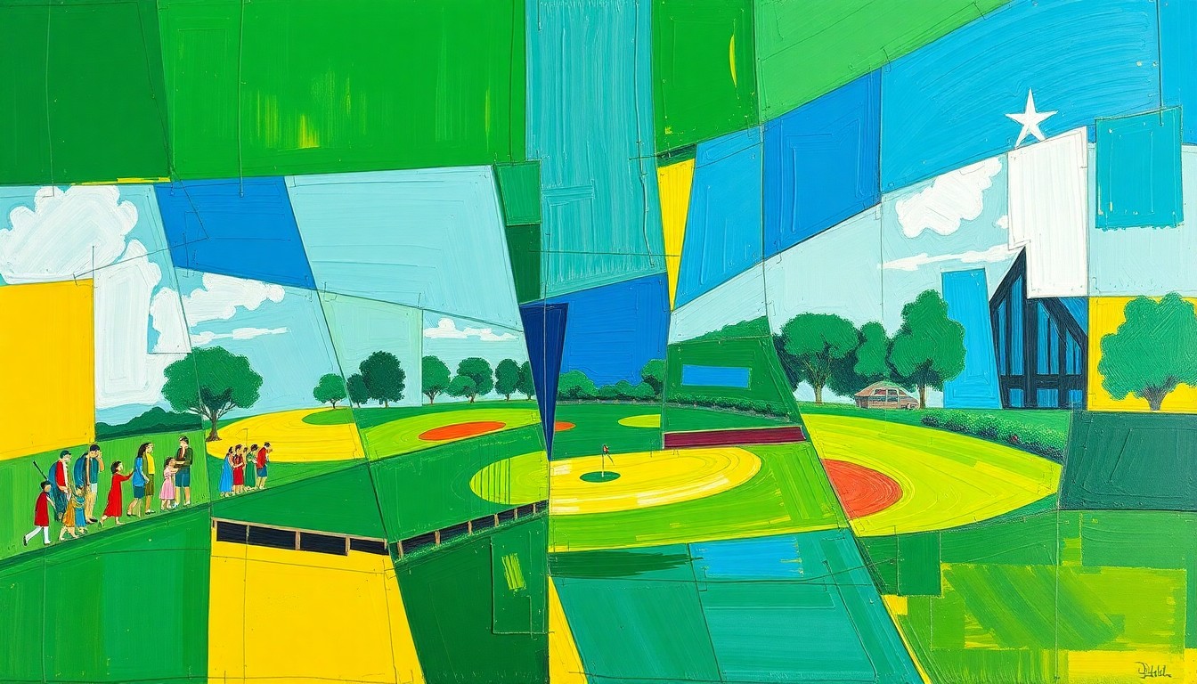 A fragmented, geometric painting depicting a golf tournament scene, with sharp planes of green, blue, and yellow overlapping to create a dynamic, abstract composition.