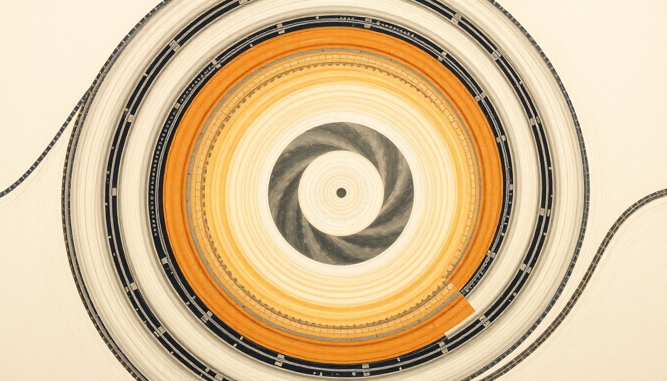 A bold, abstract painting in soft, flat colors depicting a complex scientific diagram with sweeping geometric arcs, concentric circles, and precise botanical spirals, conceptually representing the innovative process of creating graphene from peanut shells.