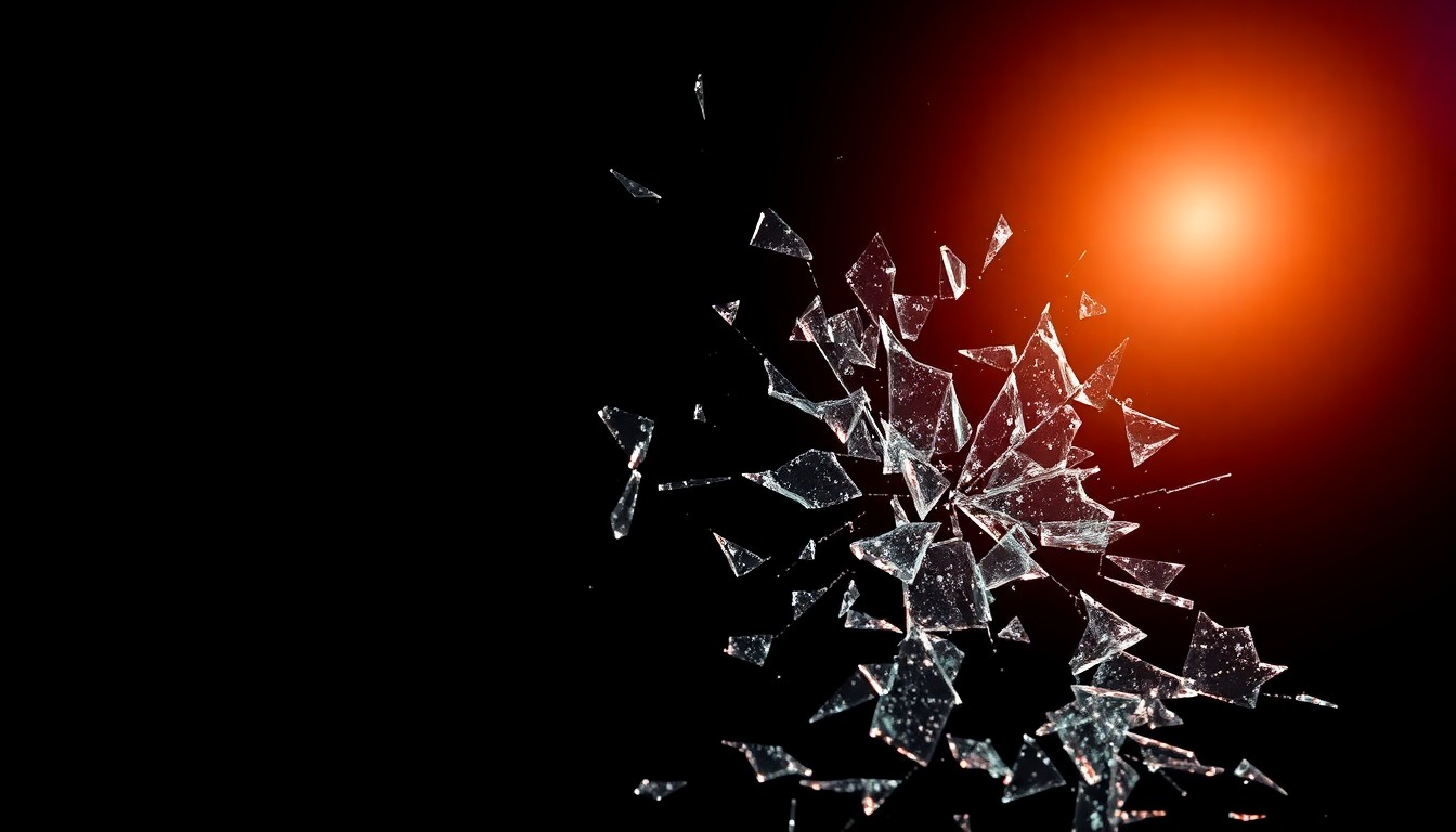 An extreme close-up photograph of a shattered car windshield, the jagged glass fragments conceptually representing the violence and chaos of a fatal highway accident.