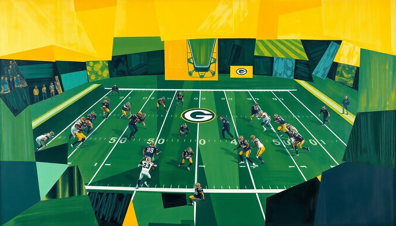 A fractured, multi-perspective painting featuring overlapping geometric shapes and planes in the colors of the Green Bay Packers, conceptually representing the strategic challenges and dynamic energy of a professional football team.