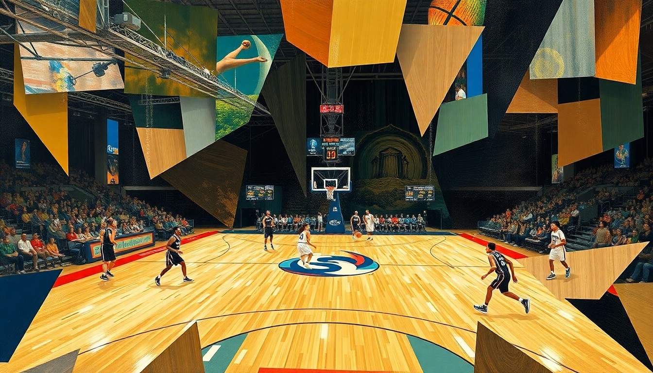 A cubist, geometric painting depicting a WNBA basketball game or match, with overlapping planes of color and shape representing the dynamic action on the court.