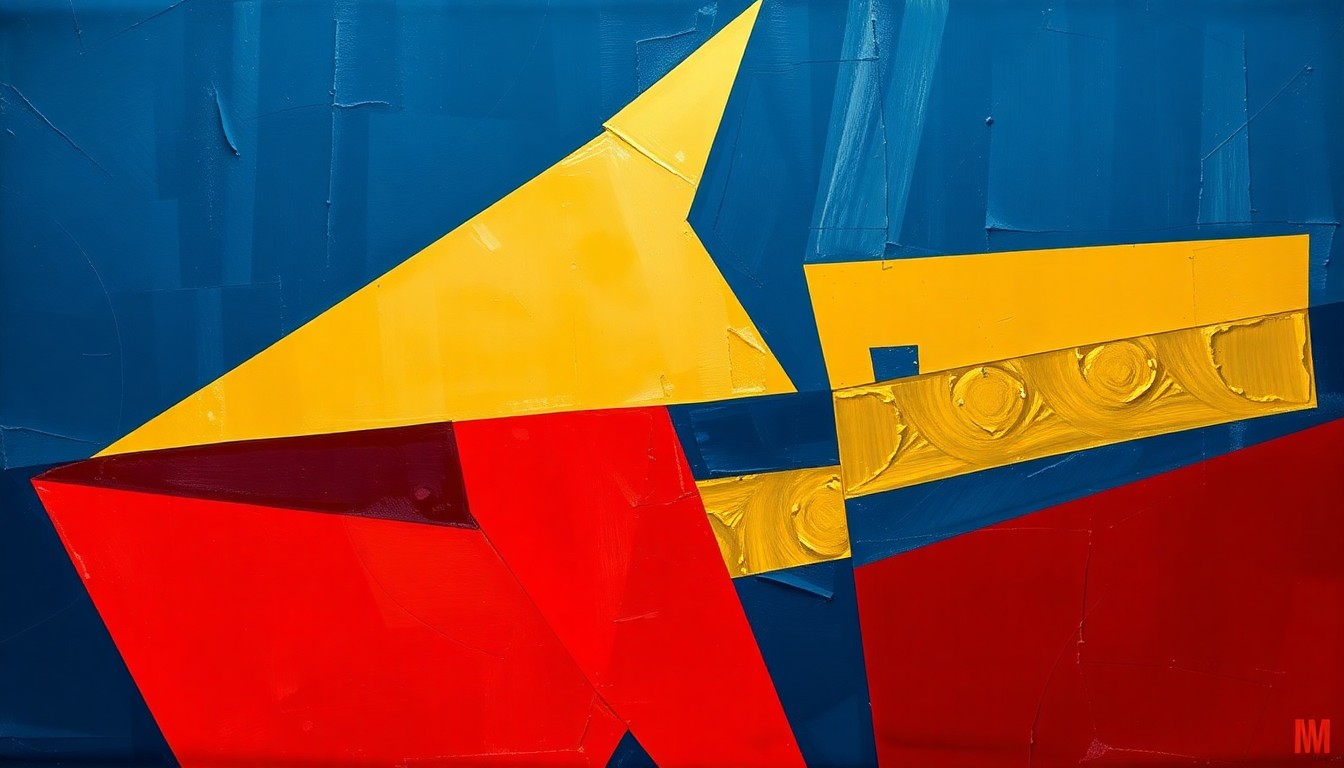 A cubist-style painting featuring overlapping geometric shapes and planes in navy, gold, and crimson, capturing the dynamic energy and movement of a women's basketball game.