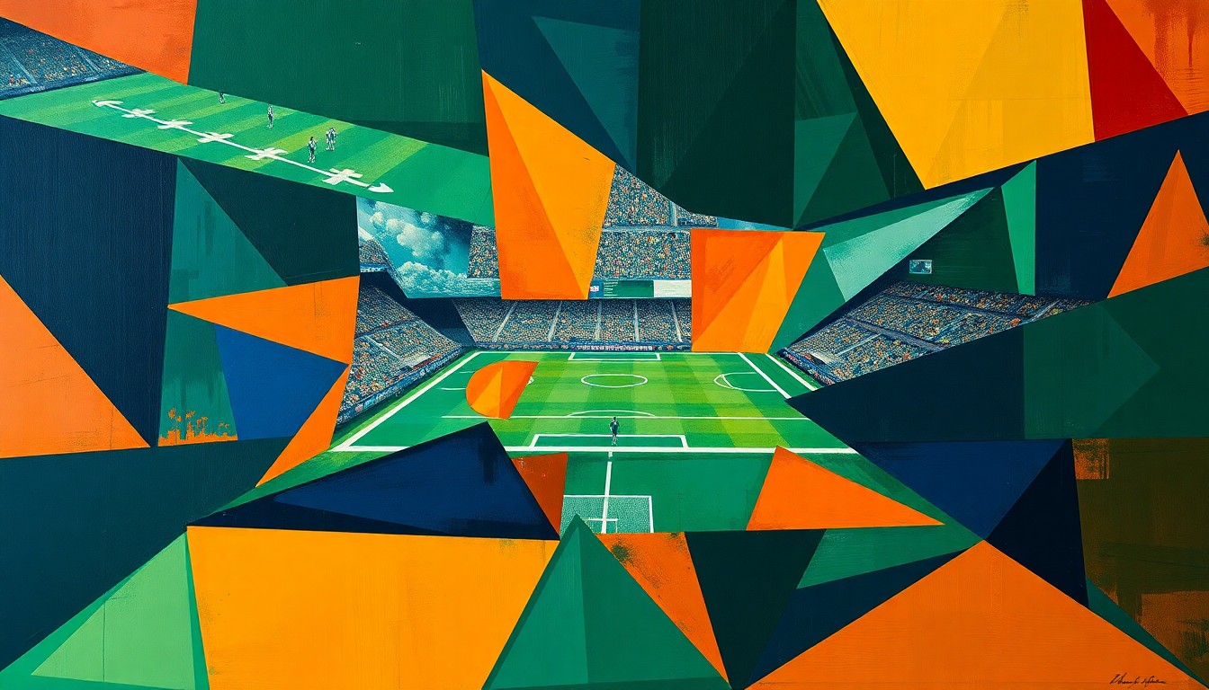 A cubist-style painting depicting a fragmented, geometric representation of a football game or match, with sharp, overlapping planes of color in deep navy, forest green, and burnt orange, conveying the dynamic and multifaceted nature of the 2026 NFL Draft class.