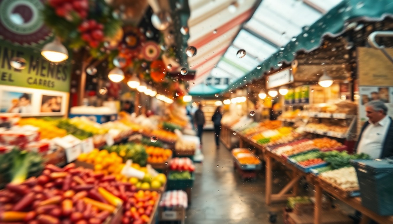 An abstract, impressionistic photograph showing a blurred, out-of-focus scene of a lively farmers market, with vibrant colors and shapes representing fresh produce, baked goods, and other local food items.