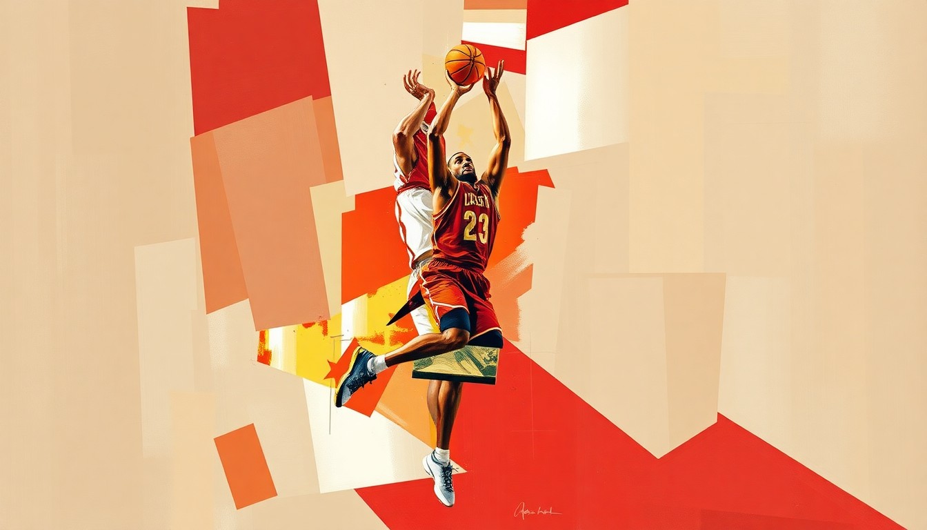 A cubist-style painting depicting a basketball player's motion broken down into sharp, overlapping geometric shapes in Iowa State's cardinal red and gold colors, conveying the complex challenge the team faces in replacing the scoring and 3-point shooting production lost with Momcilovic's departure.