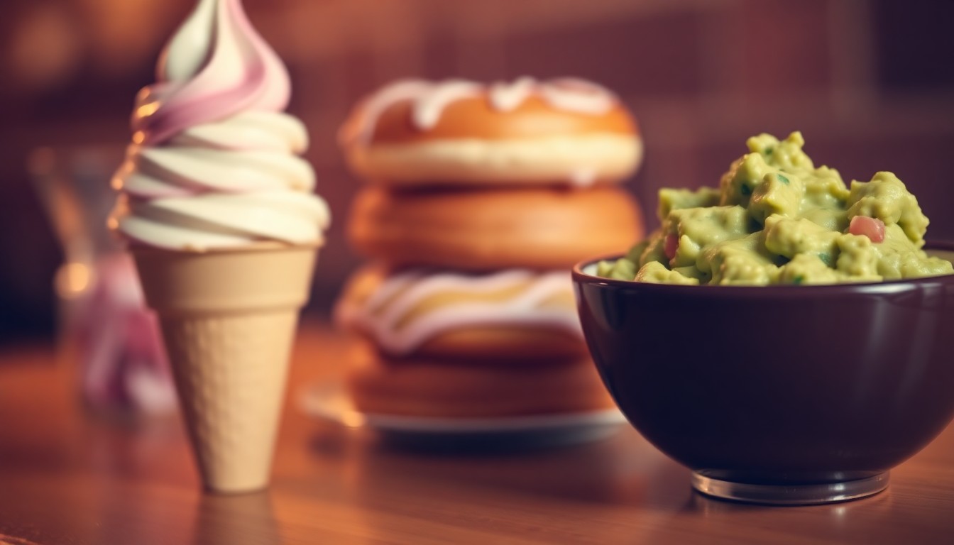 An extremely abstracted, out-of-focus photograph in soft pools of warm color and light, depicting blurred shapes that suggest an ice cream cone, a stack of donuts, and a bowl of guacamole, conceptually representing the free and discounted treats available in North Jersey this week.