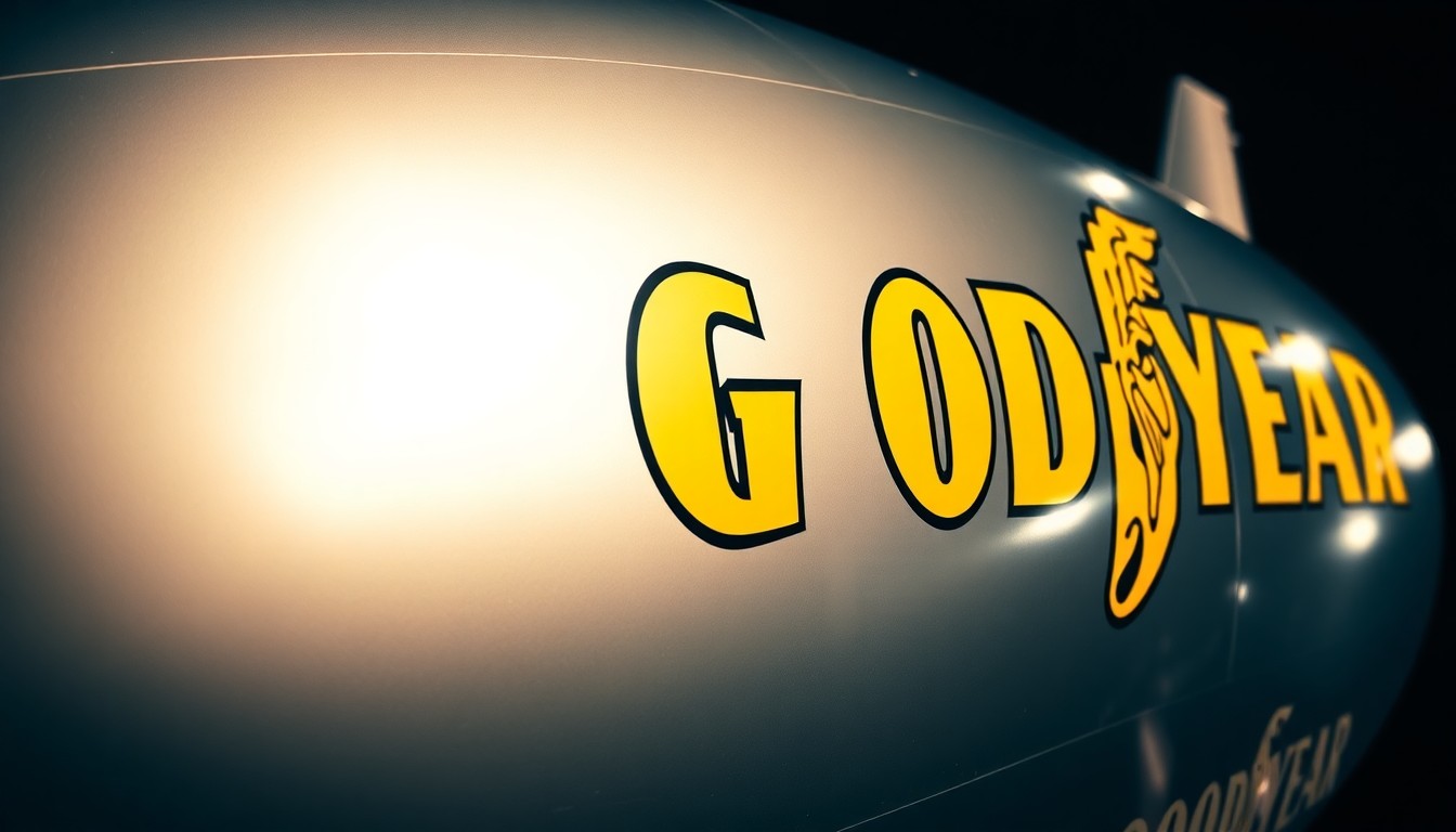 An extreme close-up photograph of the shiny, metallic surface of the Goodyear blimp, capturing the airship's iconic shape and reflective textures in high-contrast studio lighting to create a conceptual, abstract representation of the blimp's aerial perspective over Coachella.