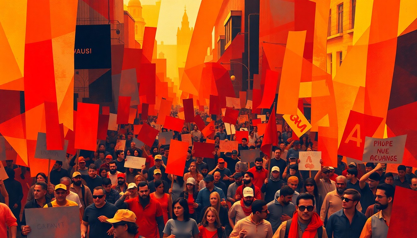 A dynamic, abstract painting of a large crowd of protesters marching, with overlapping geometric shapes and waves of warm, vibrant colors conceptually representing the energy and momentum of the 'No Kings' movement.
