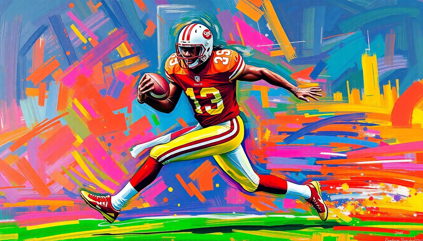 An abstract, expressionist painting in neon colors depicting a wide receiver in mid-stride, with dynamic brushstrokes capturing the player's raw athleticism and power.