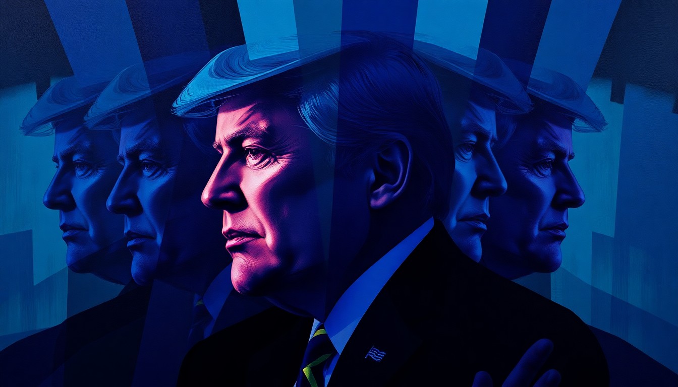 A fractured, abstract painting with overlapping geometric shapes in shades of blue, teal, and violet, conceptually representing the political turmoil surrounding a politician.