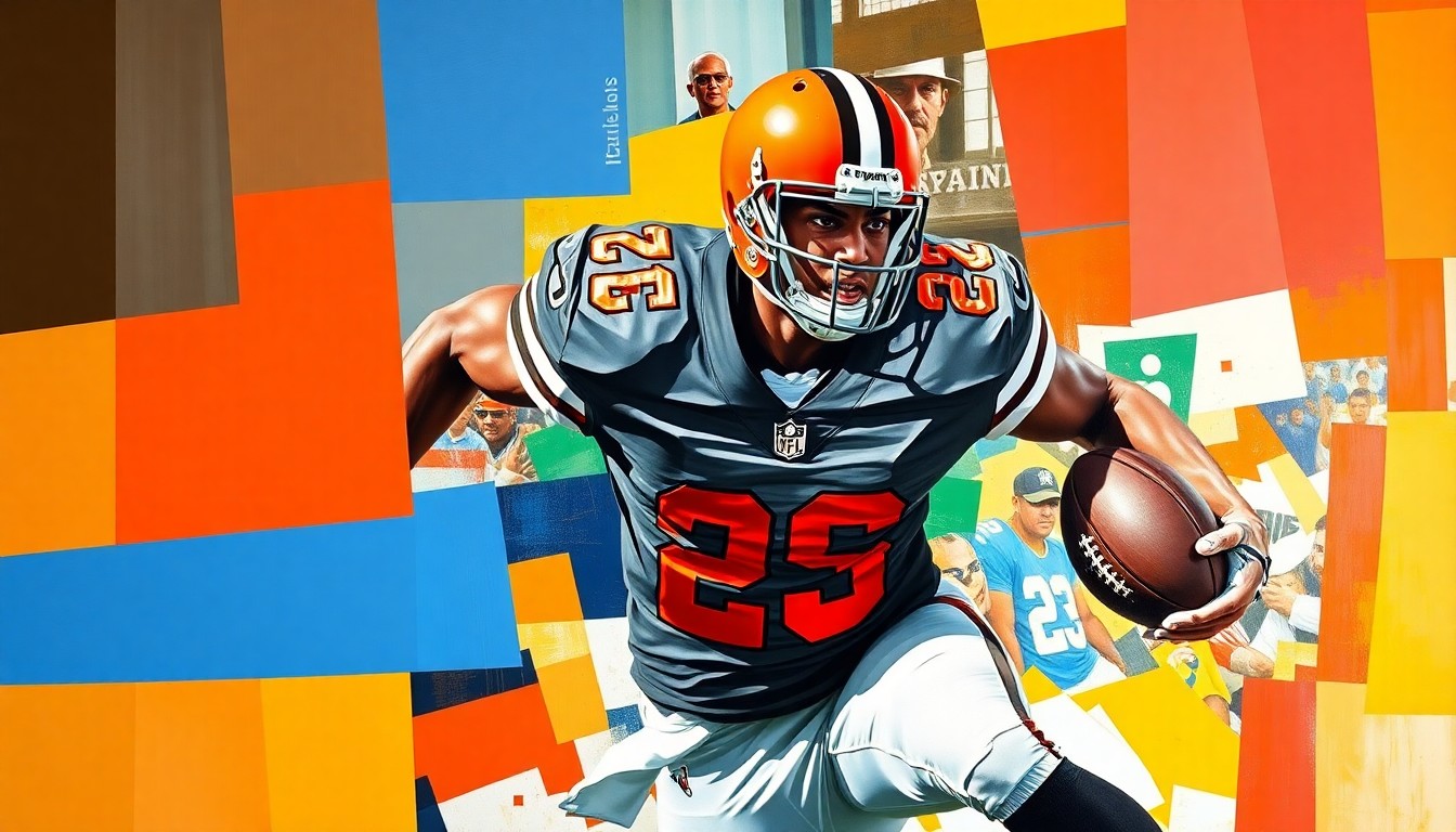A cubist-style painting depicting a football player in action, broken down into sharp, overlapping geometric shapes in the colors of the Cleveland Browns team, conceptually representing the intricate business side of professional sports.