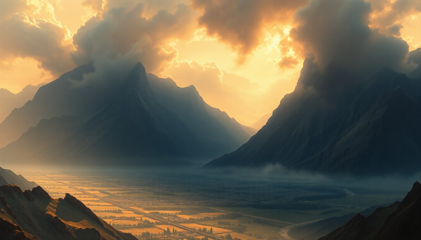 A vast, majestic landscape painting in the style of Caspar David Friedrich, depicting a small town or city dwarfed by the overwhelming power of an intense heat wave, with dramatic backlighting and deep atmospheric perspective conveying the sublime scale of the natural world.