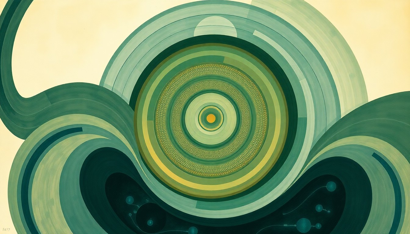 A highly structured abstract painting in muted earth tones, featuring sweeping geometric arcs, concentric circles, and precise botanical spirals, conceptually representing the complex biological mechanisms of a targeted cancer drug delivery system.