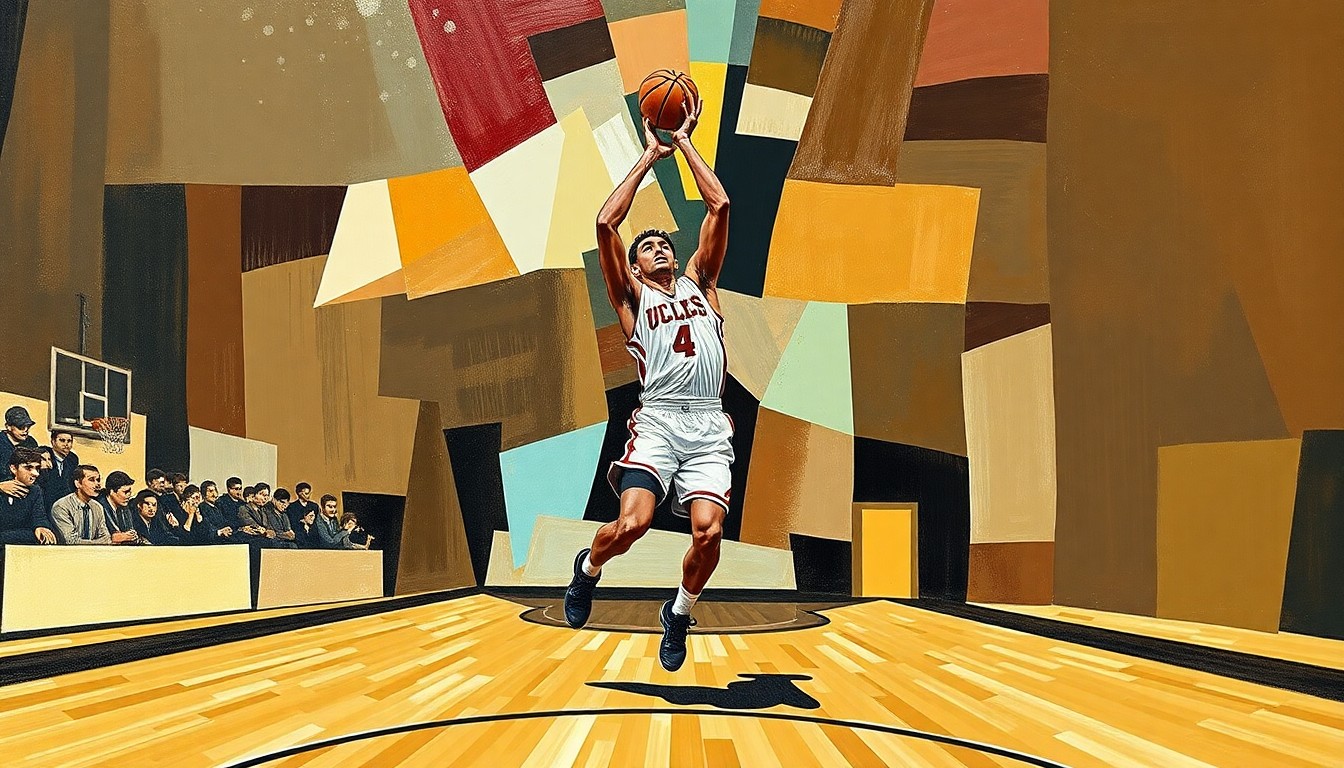 A cubist-style painting depicting a college basketball player in motion, with their body and the ball broken down into sharp, overlapping geometric shapes and planes, conceptually representing the complexities of player transfers in the modern game.