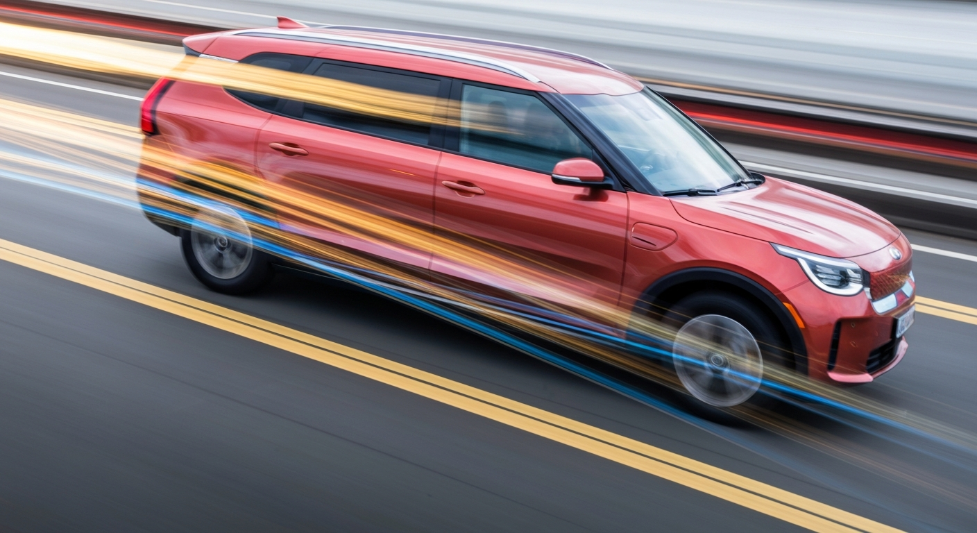 An abstract, blurred image of a Kia PV5 electric van in motion, with vibrant streaks of color representing its speed and modern engineering.
