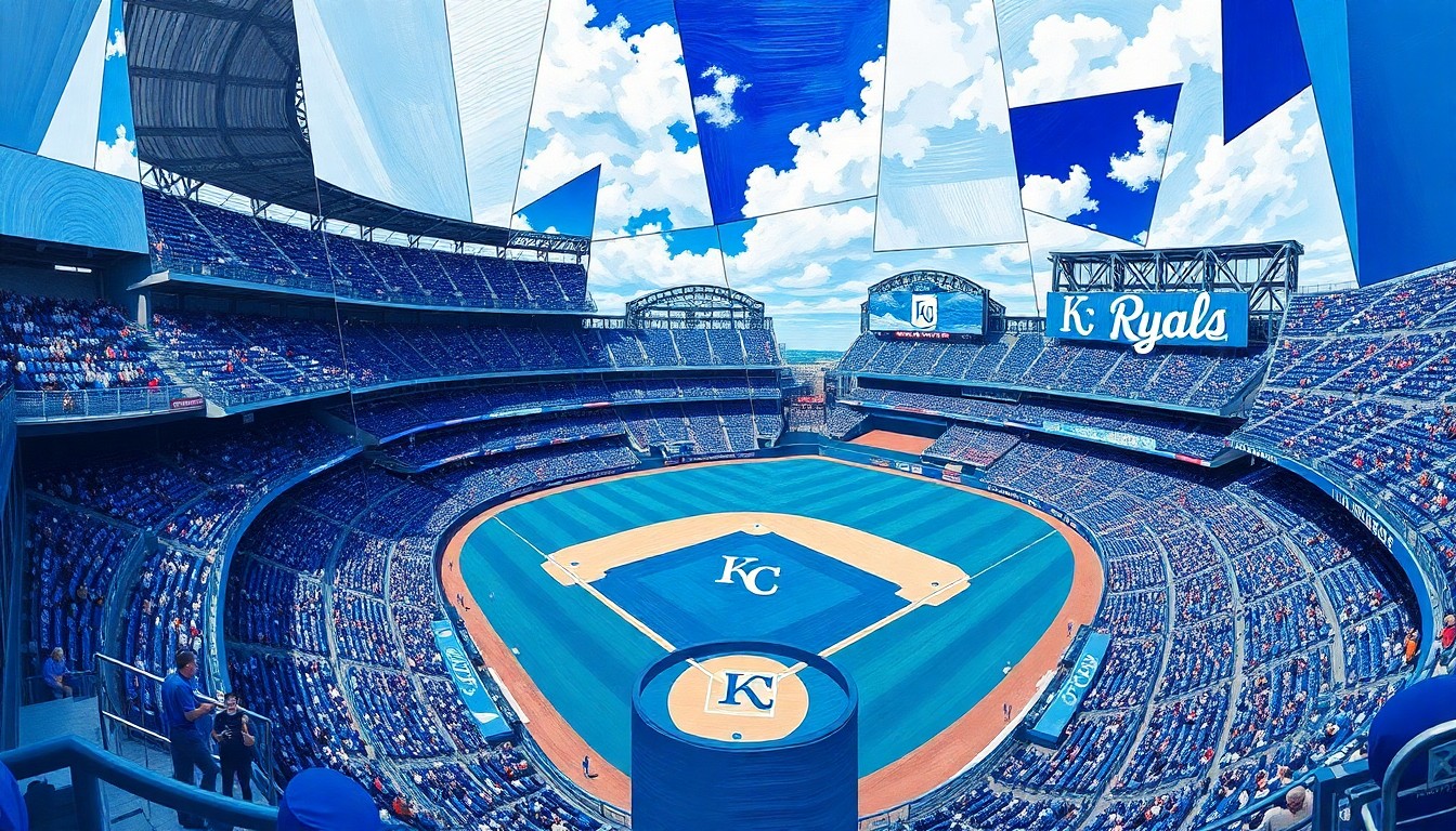 A cubist, geometric painting depicting a fragmented baseball stadium and game, with sharp, overlapping planes in the Royals' official colors of royal blue, powder blue, and white, conceptually representing the multifaceted nature of the stadium deal.