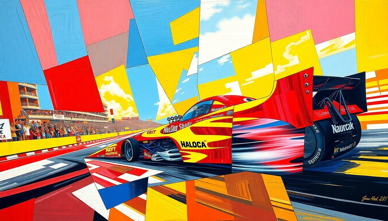 A fragmented, geometric painting depicting the dynamic motion and power of a Funny Car race, with overlapping planes of bright primary colors.