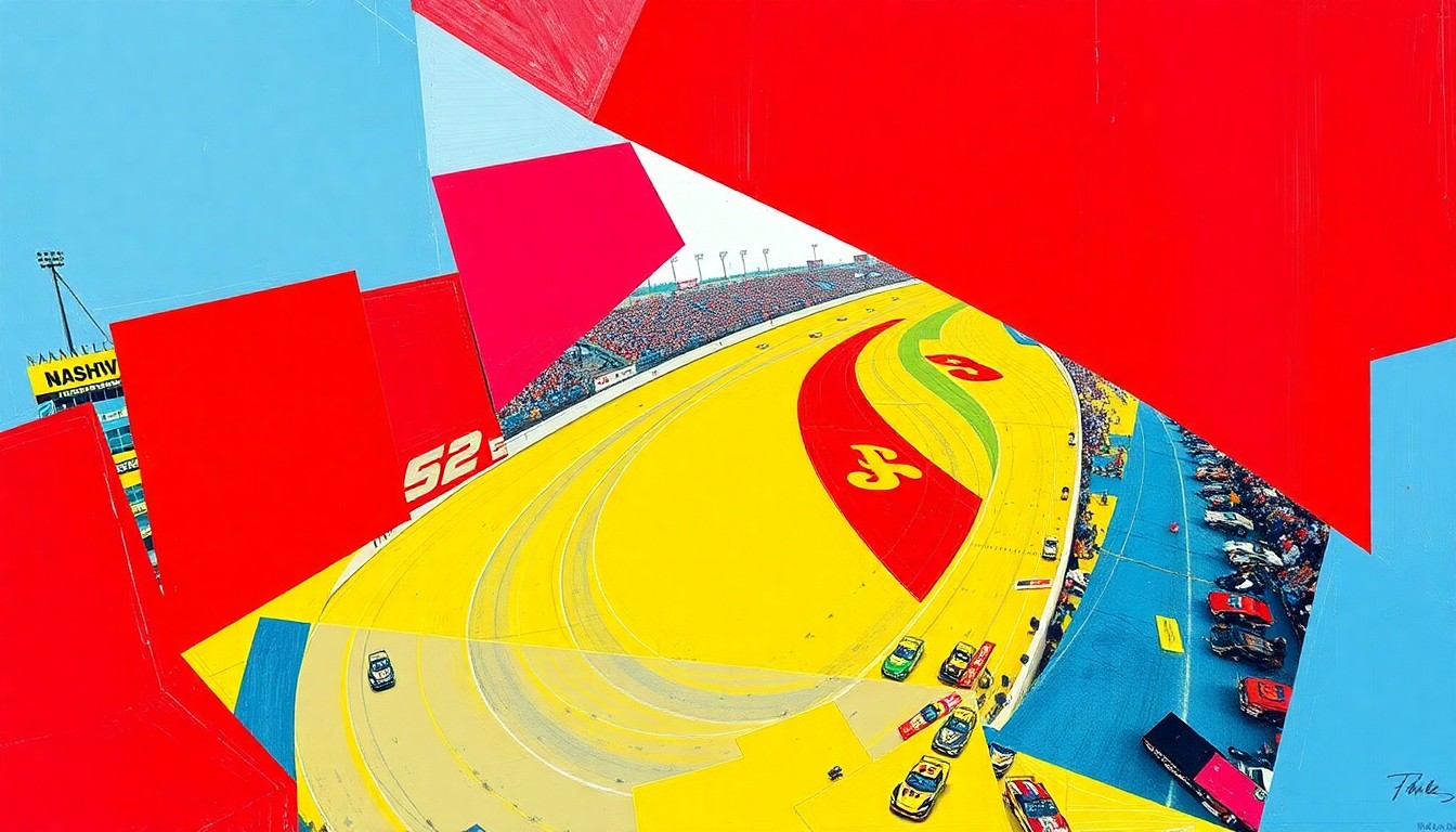 A cubist, geometric painting depicting a NASCAR race at the Nashville Fairgrounds Speedway, with sharp, overlapping planes of color representing the high-energy of the event.