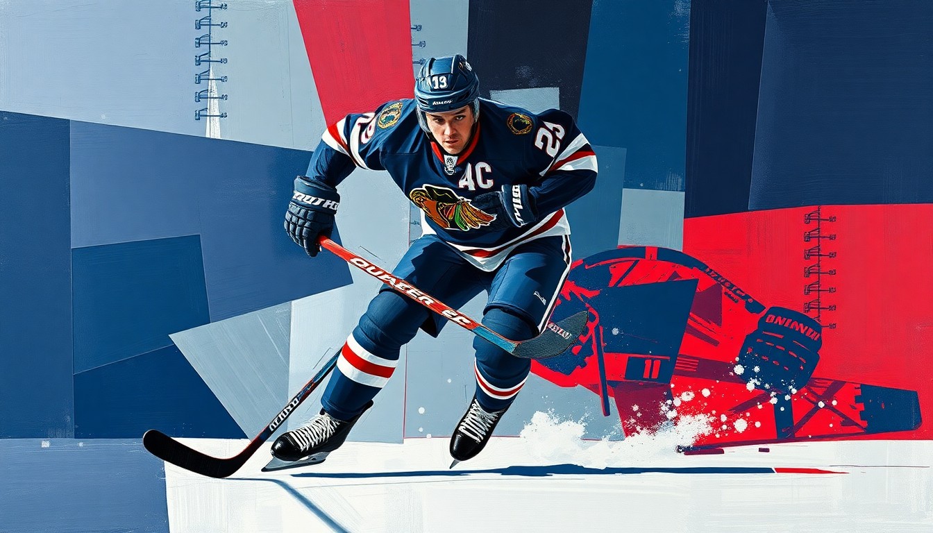 A fragmented, cubist-style painting depicting a hockey player in mid-action, their body and movement broken down into sharp, overlapping geometric shapes in shades of navy, gray, and red, conveying the disruption and uncertainty caused by the star player's injury.