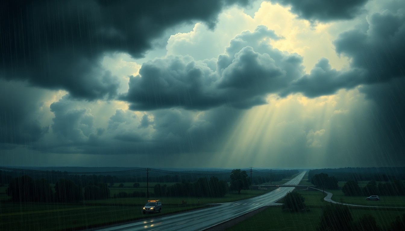 A sweeping, atmospheric landscape painting in muted tones of gray, blue, and green, depicting a stormy, rain-soaked scene near Houston. The composition uses deep perspective and dramatic lighting to convey the overwhelming, sublime scale of the weather event, with heavy rain and dark clouds dominating the frame and dwarfing any physical structures or vehicles caught within.