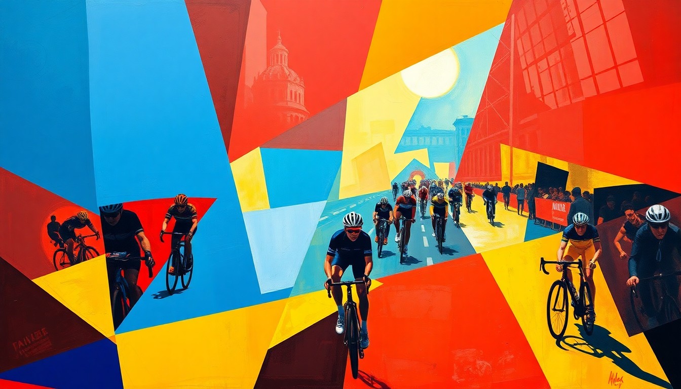 A fractured, multi-perspective painting in vibrant colors of red, blue, and yellow, capturing the energy and drama of the Paris-Roubaix race through sharp, overlapping geometric planes.