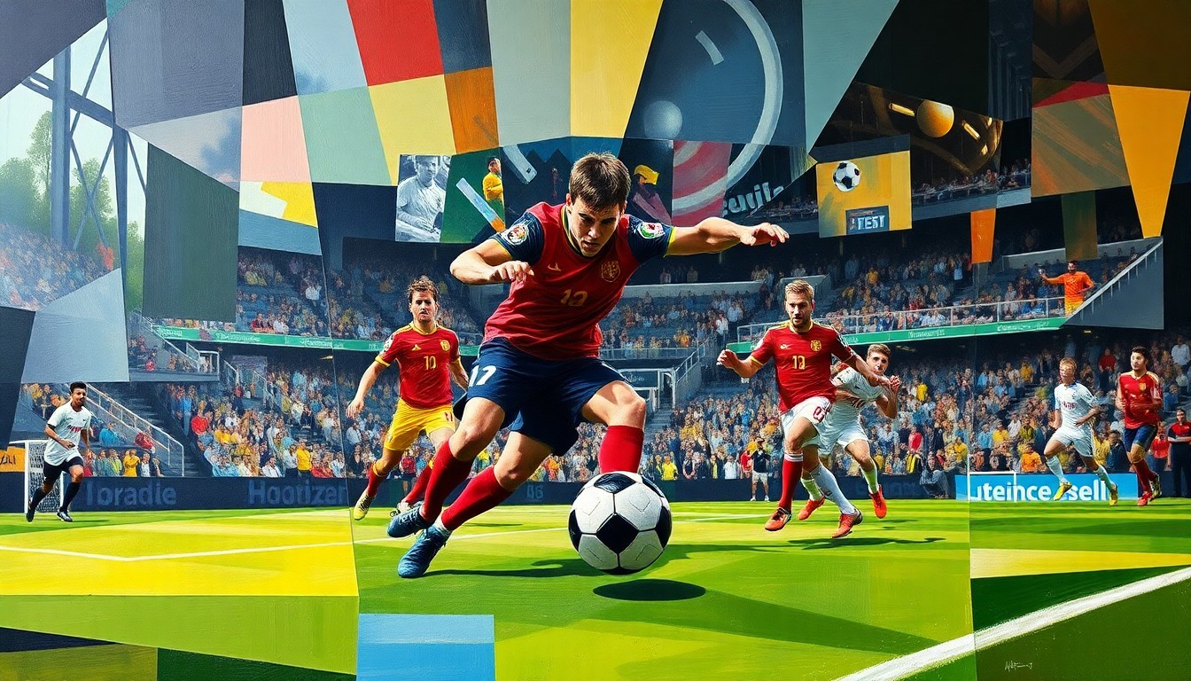 A cubist-style painting depicting a football game or match, with players and the ball broken down into sharp, overlapping geometric shapes and planes, capturing the raw energy and intensity of the sport.