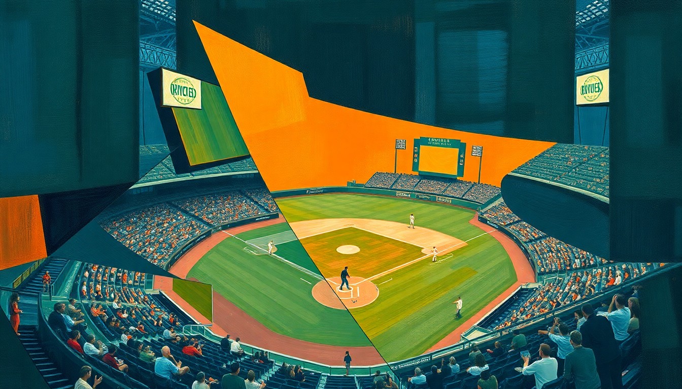 A cubist-style painting depicting a baseball game broken down into sharp, overlapping geometric shapes in muted colors, conveying the fragmented and uncertain nature of regional sports network deals in the MLB.