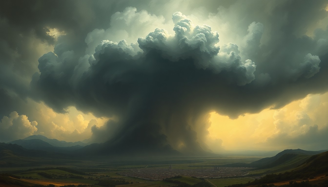 A sweeping, atmospheric landscape painting in muted tones of gray, blue, and green, depicting a massive storm system dominating the scene and dwarfing the small town below, conveying the overwhelming force of the natural disaster.