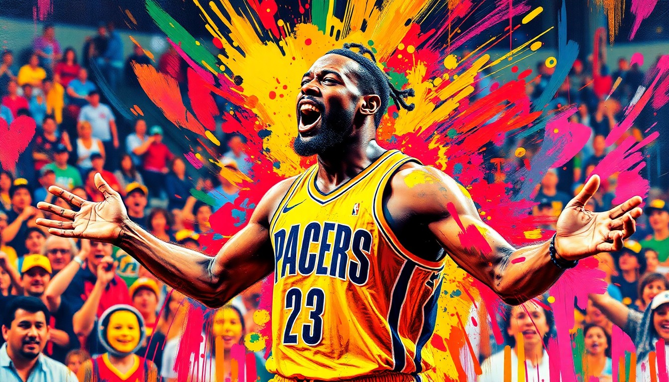 An abstract expressionist painting in neon colors, with rapid brushstrokes depicting a basketball player's silhouette addressing a crowd, their features indistinct and dissolving into the energetic composition.